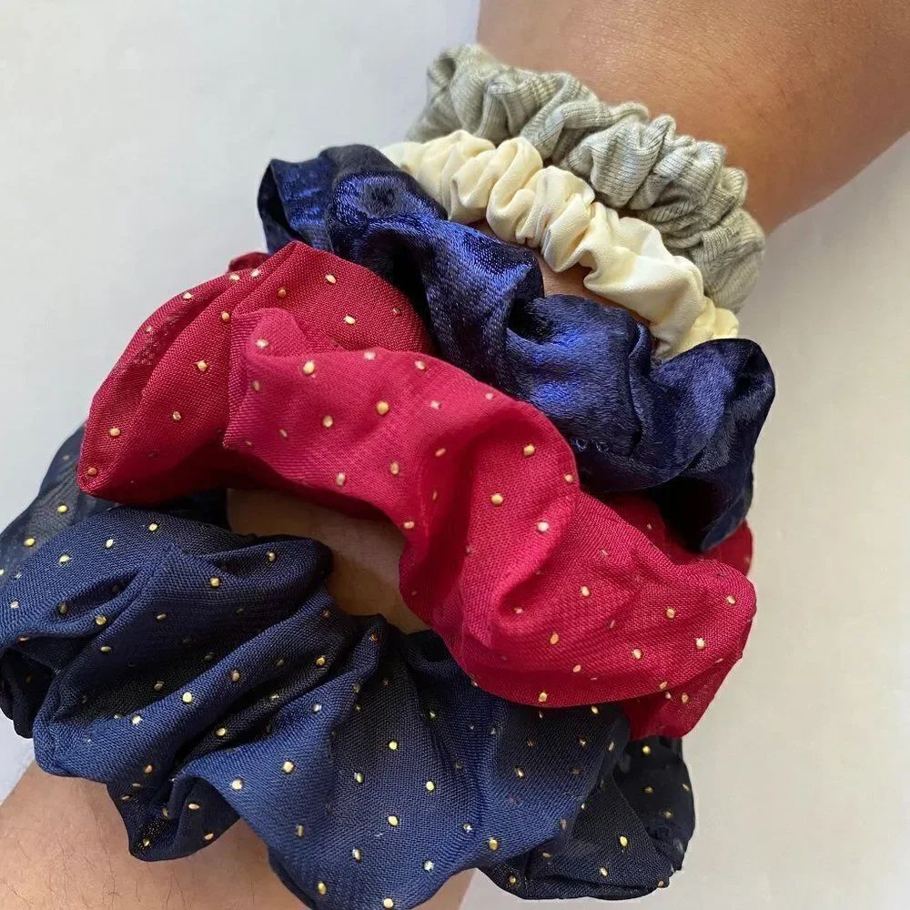 Set of 5 Scrunchies - Burgundy and Navy Polka Dot